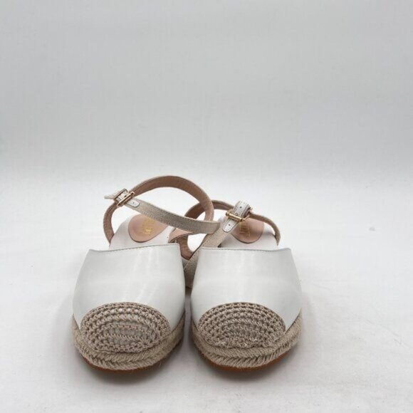 Miss Left White Rounded Toe Espadrille Sandal Ankle Strap Mid Heeled Wedge - Picture 3 of 8
